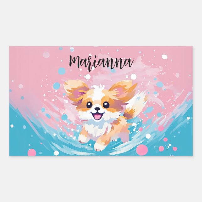 Playful Papillon Pup: Splash of Pink and Blue Rectangular Sticker (Front)