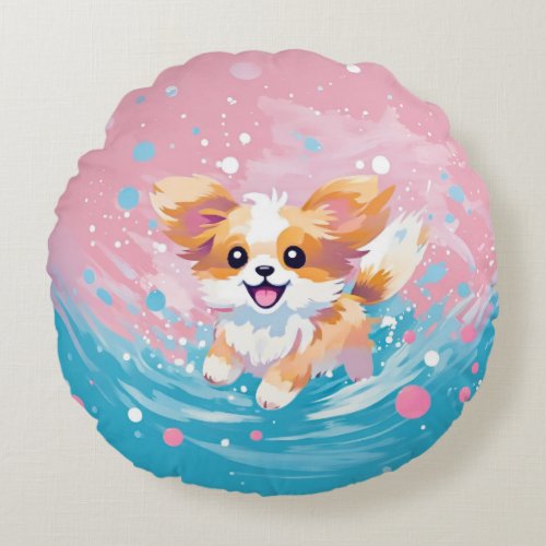 Playful Papillon Pup Splash of Pink and Blue Round Pillow