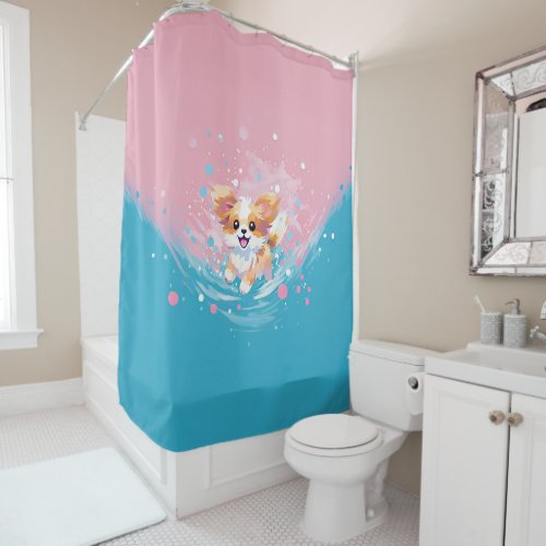 Playful Papillon Pup Splash of Pink and Blue Shower Curtain