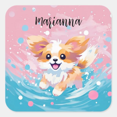 Playful Papillon Pup Splash of Pink and Blue Square Sticker
