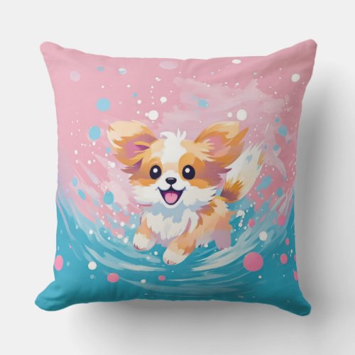 Playful Papillon Pup Splash of Pink and Blue Throw Pillow