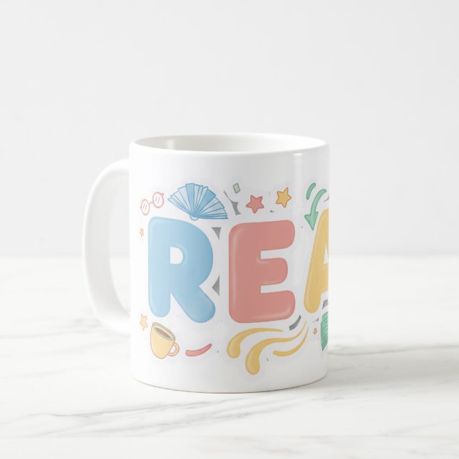Playful Pastel Bubble "READ" Sticker Style Coffee Mug (Front Left)