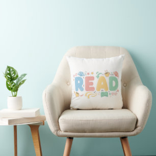 Playful Pastel Bubble "READ" Sticker Style Throw Pillow