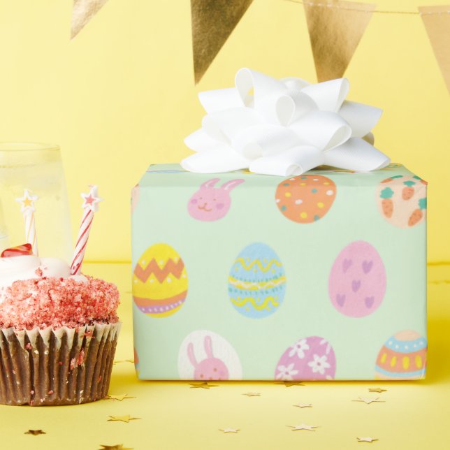 Playful Pastel Easter Eggs & Bunnies Spring Green  Wrapping Paper (Birthday Party)