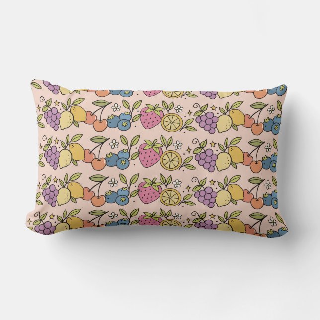 Playful Pastel Fruit Pattern in Pink Retro Style Lumbar Pillow (Front)