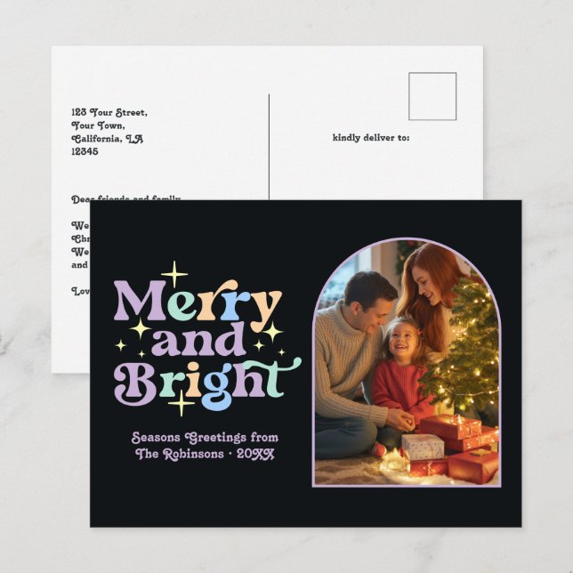 Playful Pastels Merry and Bright Retro Christmas Holiday Postcard (Front/Back)