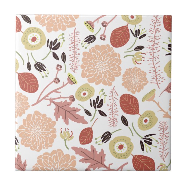 Playful Peach Green Illustrated Flowers Leaves Ceramic Tile (Front)