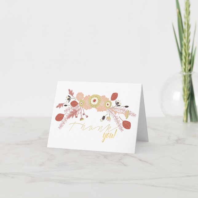 Playful Peach Green Illustrated Flowers Thank You Card (Front)