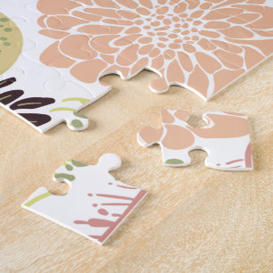 Playful Peach Green Pattern Flowers Leaves Jigsaw Puzzle