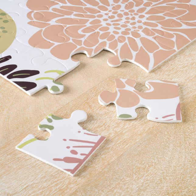 Playful Peach Green Pattern Flowers Leaves Jigsaw Puzzle (Side)