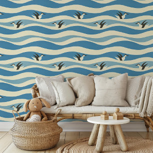 Playful Penguin Ocean Waves Peel & Stick Wallpaper