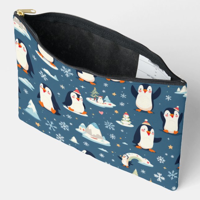 Playful Penguin Pattern Accessory Pouch (Open)