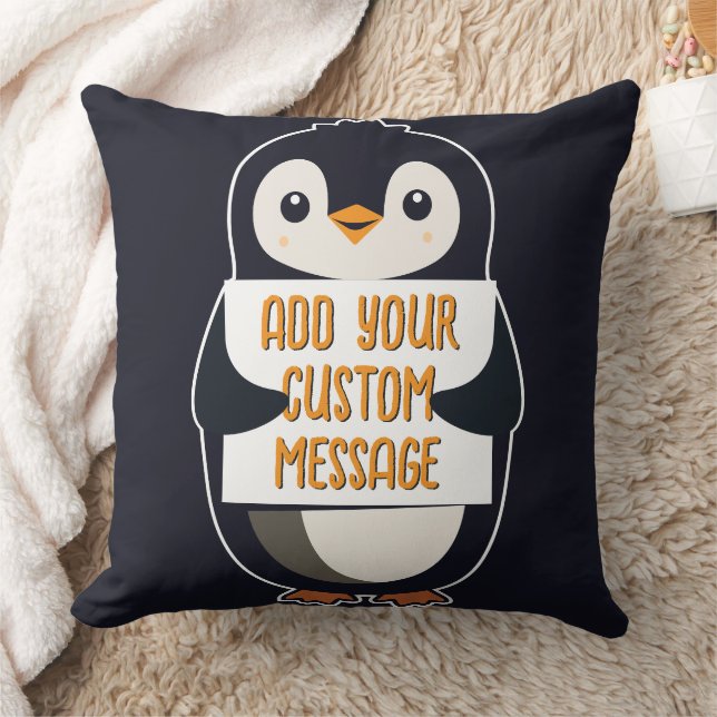 Playful penguin with a sign for your message throw pillow (Blanket)
