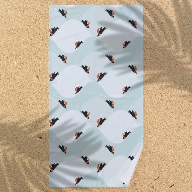 Playful Penguins Sliding on Snow Pattern Beach Towel (Penguins Sledding Pattern Beach Towel)