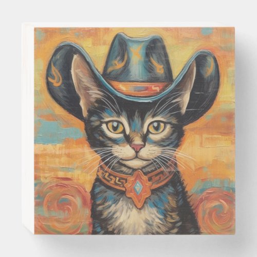 Playful Perfection Whimsical Cat in Cowboy Hat Wooden Box Sign