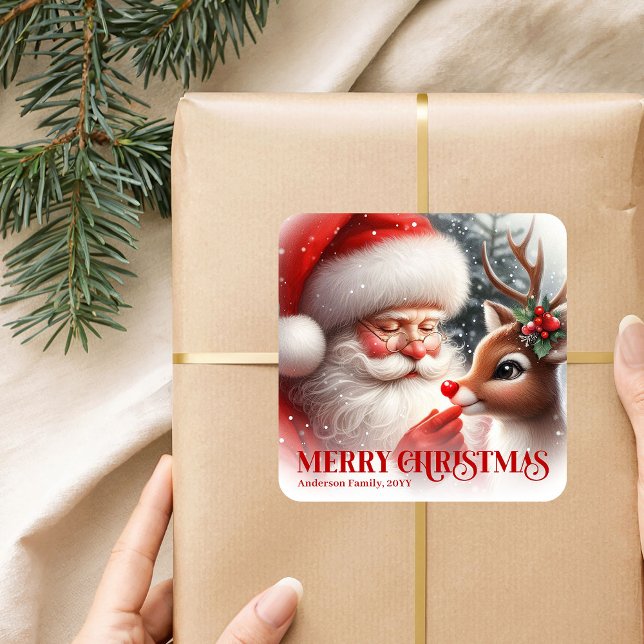 Playful Personalized Santa and Rudolph Christmas  Square Sticker (Playful Personalized Santa and Rudolph Christmas Sticker)