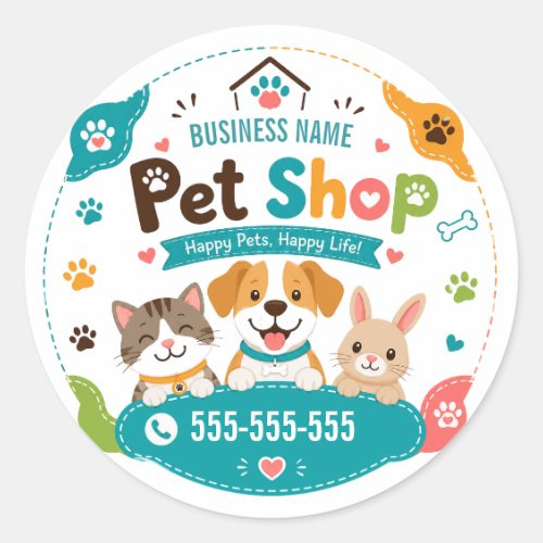 Playful Pet Shop Custom Business Name Phone Classic Round Sticker