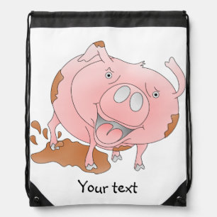 Playful pig in muddy puddle drawstring bag