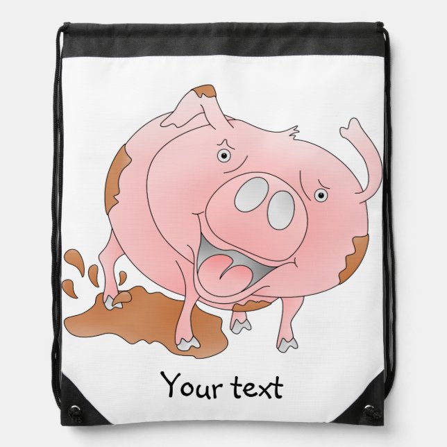 Playful pig in muddy puddle drawstring bag (Front)