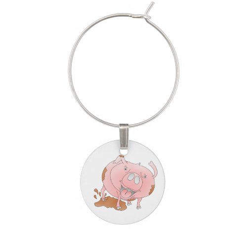 Playful pig in muddy puddle wine glass charm