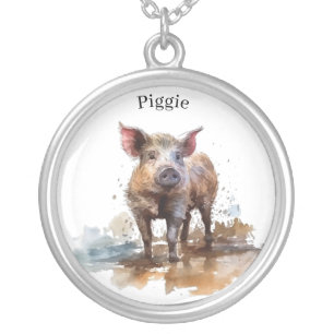 Playful Piglet, custom Silver Plated Necklace