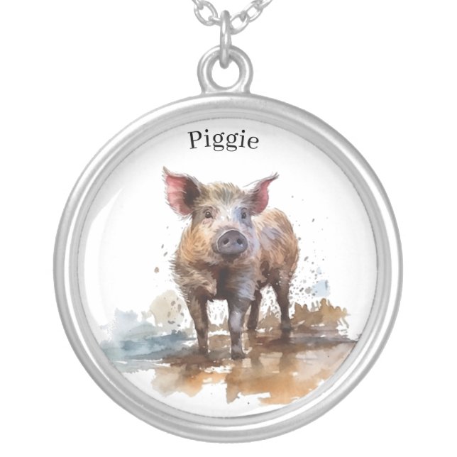 Playful Piglet, custom Silver Plated Necklace (Front)