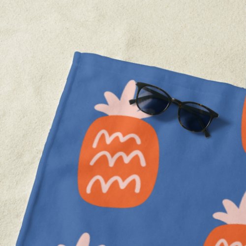 Playful Pineapple Pattern in Blue and Orange Beach Towel