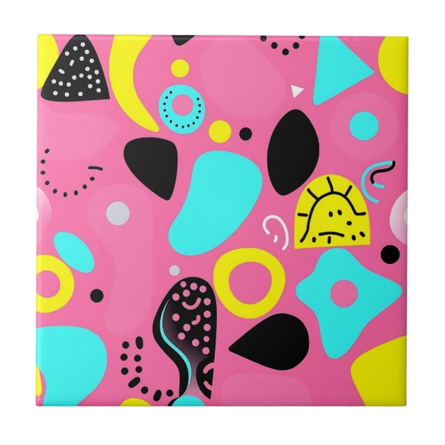 Playful Pink Abstract Shapes Pattern Ceramic Tile (Front)