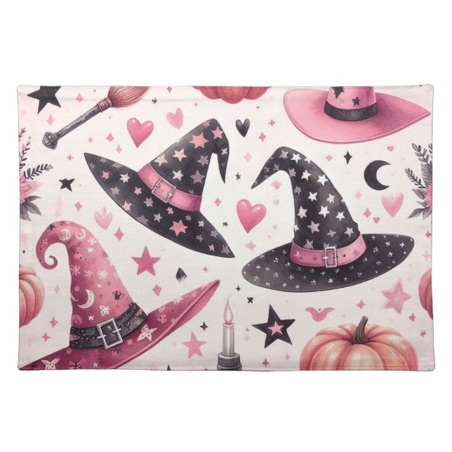 Playful Pink and Black Witches Hats Cloth Placemat (Front)