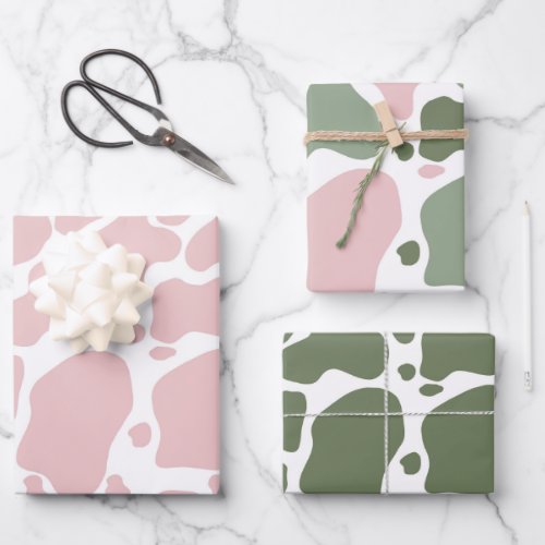 Playful Pink and Sage Green Cow Print Pattern Wrapping Paper Sheets