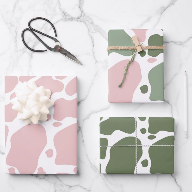 Playful Pink and Sage Green Cow Print Pattern Wrapping Paper Sheets (Front)