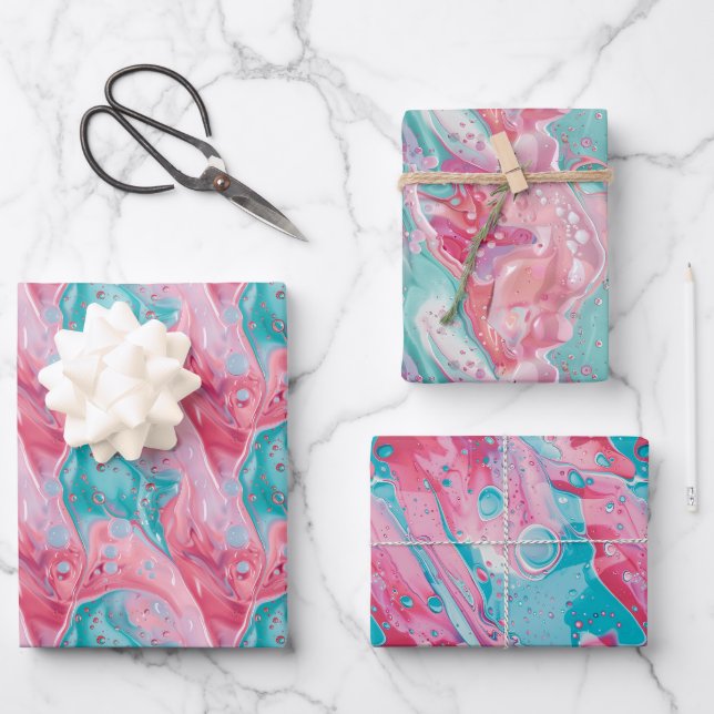 Playful Pink and Turquoise Liquid Abstract Pattern Wrapping Paper Sheets (Front)