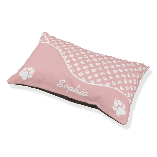 Playful Pink And White Dog Paws Pattern & Name Pet Bed (Angled)