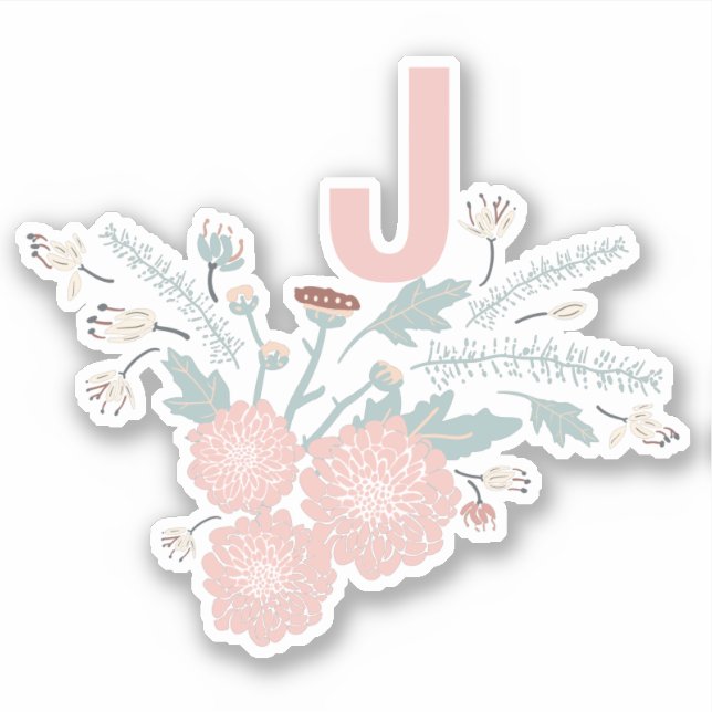 Playful Pink Cream Blue Repeat Floral Initial Sticker (Front)