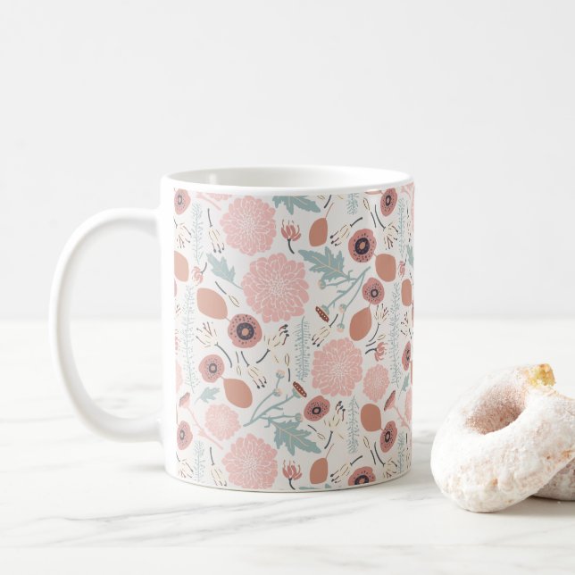 Playful Pink Cream Blue Repeat Floral Print Coffee Mug (With Donut)