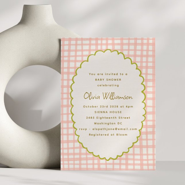 Playful Pink Gingham Scallop Border Baby Shower  Invitation (Creator Uploaded)