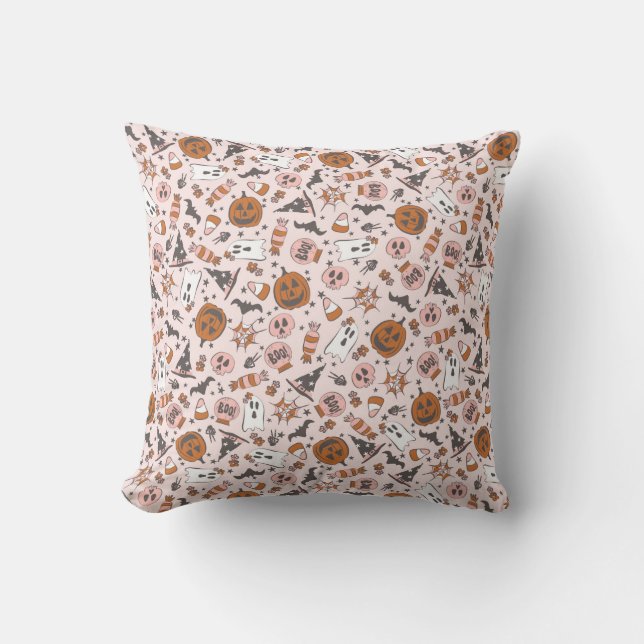 Playful Pink Halloween Ghosts Pumpkins Pattern  Throw Pillow (Front)