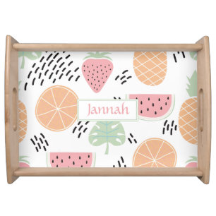 Playful Pink Orange Abstract Fruit Name Serving Tray