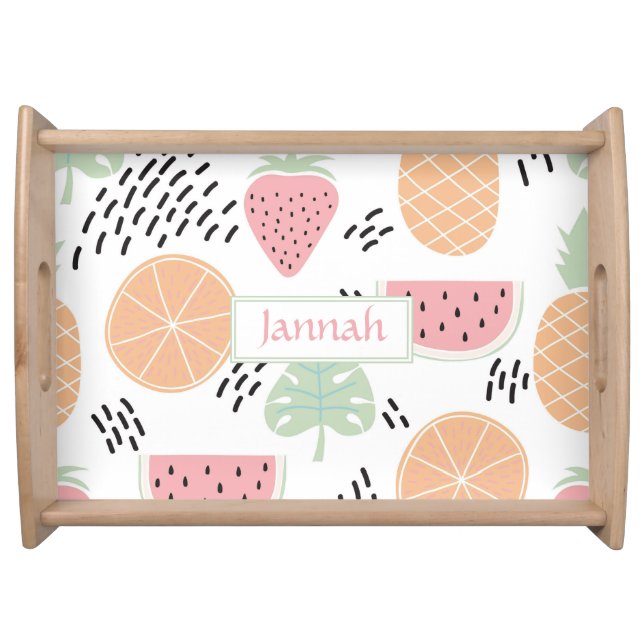 Playful Pink Orange Abstract Fruit Name Serving Tray (Front)