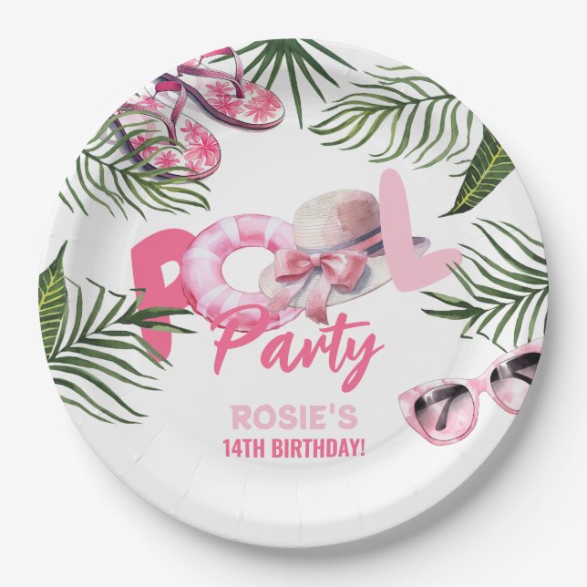 Playful Pink Pool Party Girl Birthday  Paper Plates (Front)