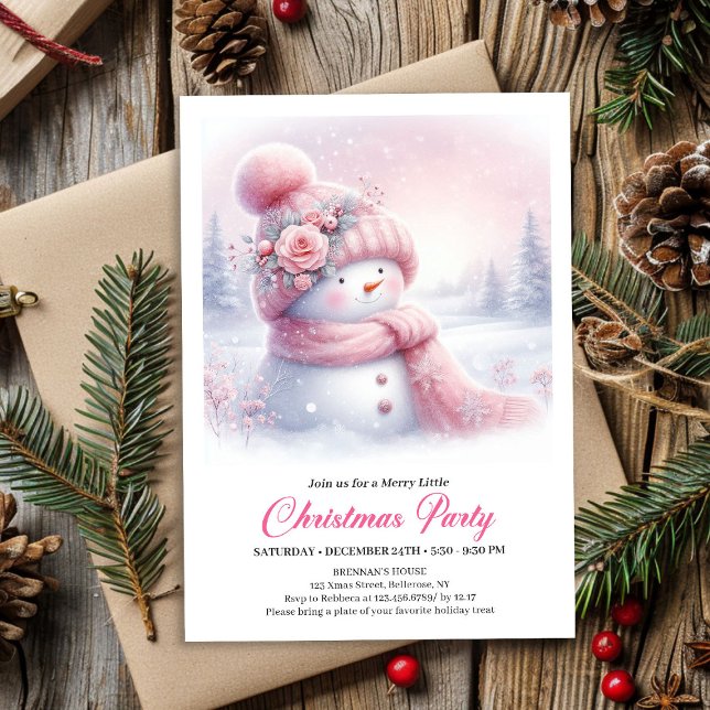 Playful Pink Snowman Editable Kids Christmas  Invitation (Playful Pink Snowman Editable Kids Christmas Invite File)