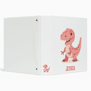 Playful Pink T-Rex Dino With Kids Name 3 Ring Binder