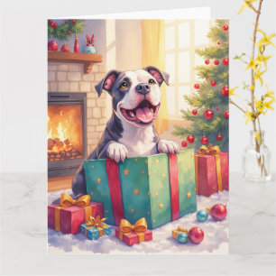 Playful Pitbull Opening Christmas Gifts Holiday Card
