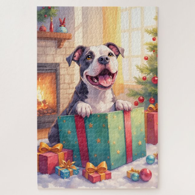 Playful Pitbull Opening Christmas Gifts Holiday Jigsaw Puzzle (Vertical)