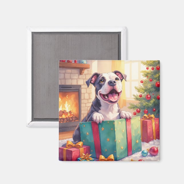 Playful Pitbull Opening Christmas Gifts Holiday Magnet (Front/Back)