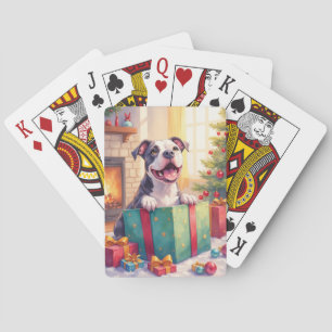 Playful Pitbull Opening Christmas Gifts Holiday Poker Cards