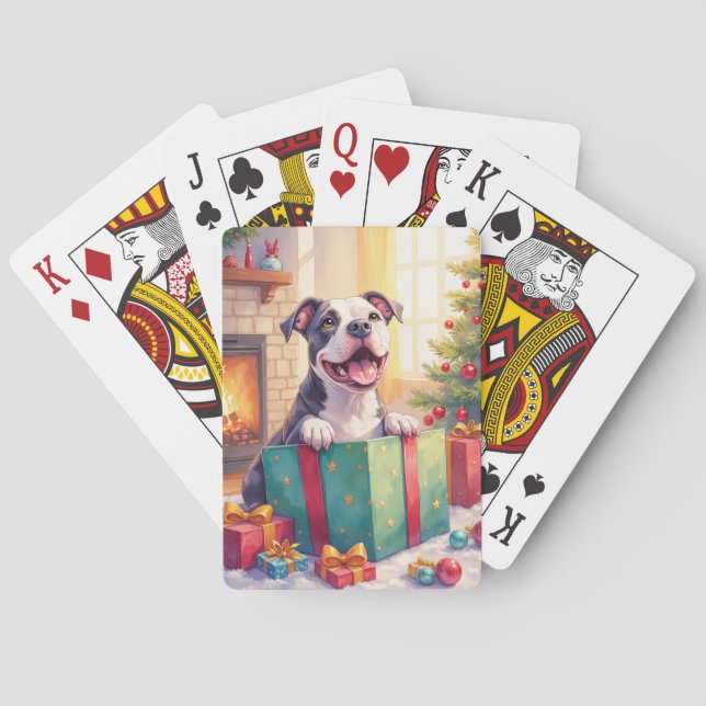 Playful Pitbull Opening Christmas Gifts Holiday Poker Cards (Back)