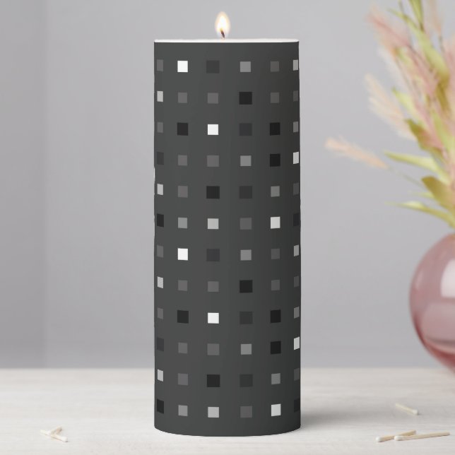  Playful Pixels Check Gray Black Pattern Pillar Candle (In Situ)