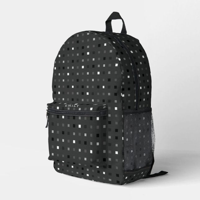  Playful Pixels Check Gray Black Pattern Printed Backpack (Back Corner Right)