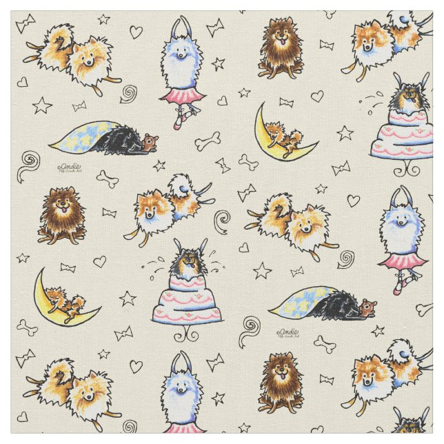 Playful Pomeranians Sand Fabric (Close Up)